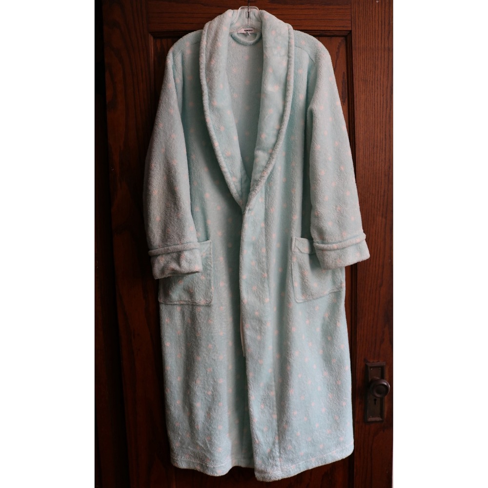 SONOMA Polka Dot Faux Fur Fleece Robe Women Large Blue White Soft Long Sleepwear